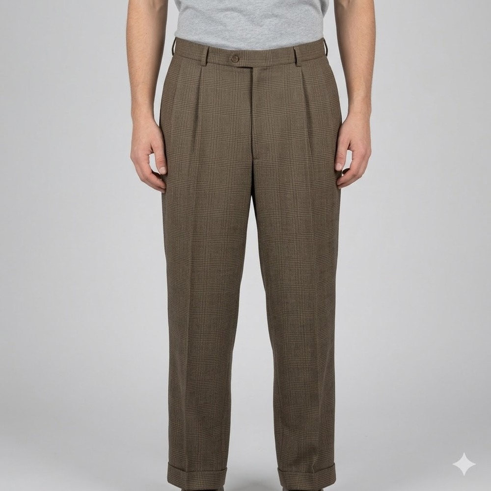 Austin Reed Dress Pants Pleated Brown Glen Plaid Cuffed Men's 34